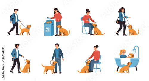 Collection of diverse people engaging in various activities with their dogs, including walking, feeding, grooming, and bathing, showcasing pet care.