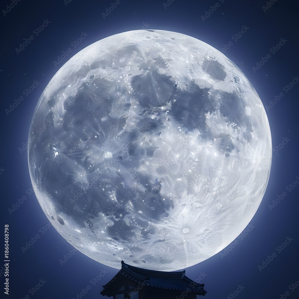 Obraz premium 푸른 하늘에 뜬 하얀 보름달과 그 아래 한국기와집A white full moon in the blue sky and a Korean flag house below it