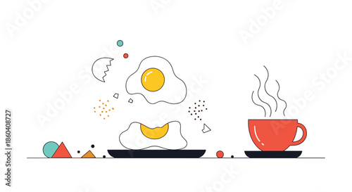 Classic breakfast scene featuring two perfectly fried eggs on a plate, accompanied by a steaming cup of coffee, and abstract decorative elements.