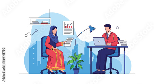 Middle Eastern woman in a hijab and a man working collaboratively in a modern office environment, demonstrating professional interaction and diversity.