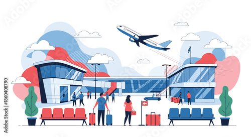 Bustling airport terminal with diverse passengers, luggage, and an airplane taking off in the background, symbolizing modern air travel and global connections.