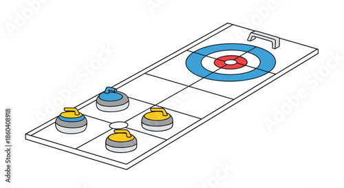 Detailed view of a curling ice rink featuring the target house, hack, and several curling stones, set for a competitive winter sport.