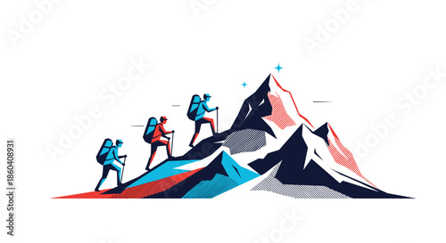 Group of determined mountain climbers ascending a rugged peak towards a shining star, symbolizing achievement, adventure, and overcoming challenges.