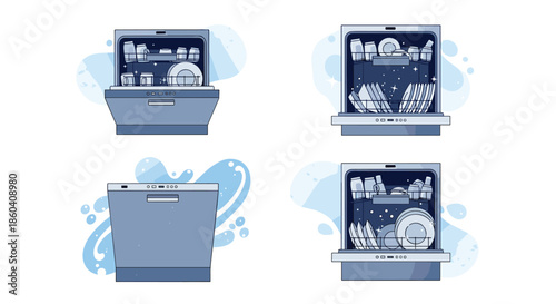 Set of detailed vector illustrations showcasing automatic dishwashers, both closed and open, with dirty dishes, emphasizing cleanliness and modern kitchen appliances.