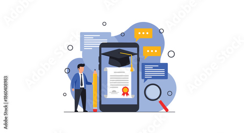 Man standing beside a large smartphone displaying online education and e-learning concepts with a graduation cap, diploma, chat bubbles, and a magnifying glass.