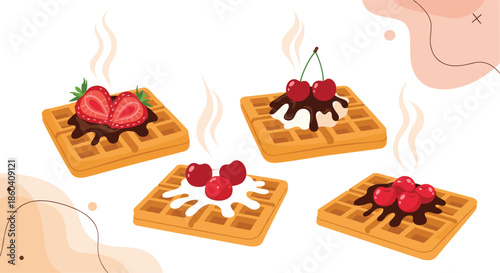 A delightful collection of freshly baked, steaming waffles, each generously topped with various fruits, chocolate, and cream, perfect for breakfast or dessert.
