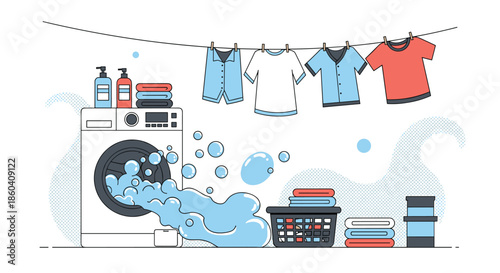 A dynamic illustration depicting laundry day with a washing machine overflowing with bubbles, a basket of clothes, folded linen, and garments drying on a line.