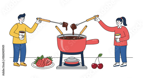 Happy couple enjoying a delightful chocolate fondue experience, dipping fruits like strawberries and cherries into a bubbling pot of melted chocolate.