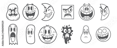 Funny and Exaggerated Animated Facial Expressions Black and White Set