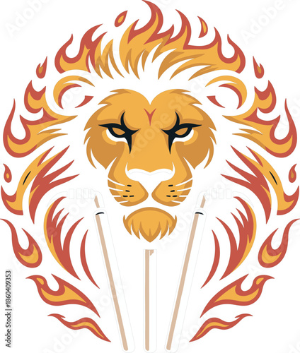 Abstract lion head cricket sports logo with flaming mane and wicket elements