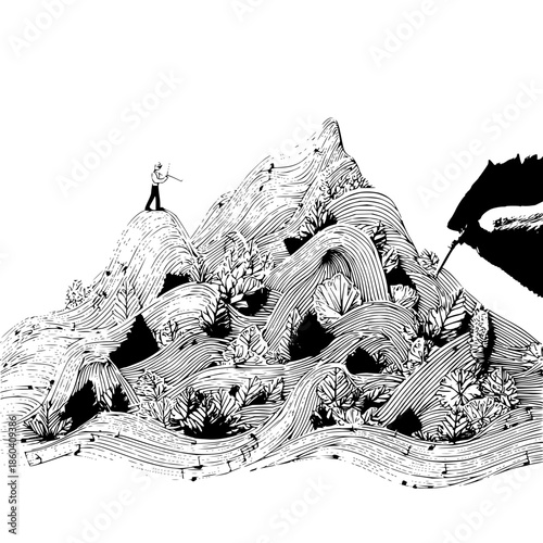 Man Standing on Top of Swirling Mountain Landscape with Musical Notes