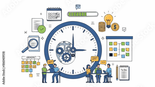 Time Management and Productivity Illustration with Teamwork and Planning.