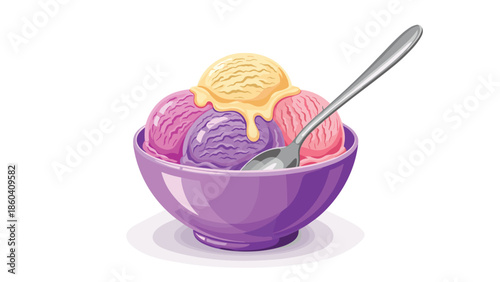 A purple bowl filled with colorful scoops of ice cream, including pink, purple, and vanilla, topped with sauce and served with a spoon.