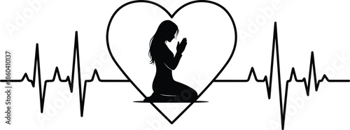 Praying woman silhouette inside heart with heartbeat line vector illustration symbolizing faith love health spirituality isolated on white background design