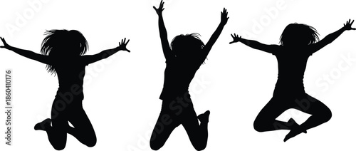 Happy jumping children silhouette vector illustration showing joy freedom and energetic childhood poses isolated on white background for celebration lifestyle designs