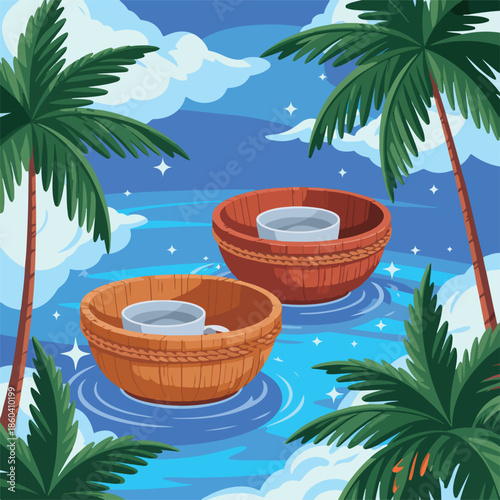 Tropical paradise vacation landscape featuring a coconut palm tree by the turquoise sea on a sunny summer beach with white sand and clear blue sky