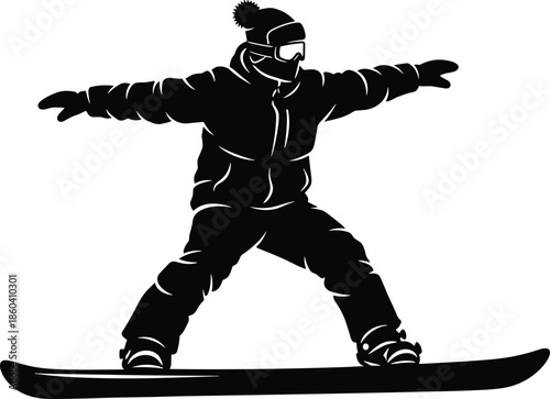 Snowboarder silhouette vector illustration showing winter sports athlete riding snowboard isolated on white background for extreme sport adventure designs