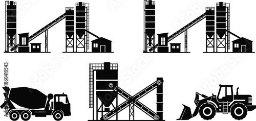 Construction concrete plant and heavy machinery silhouette collection vector illustration featuring industrial cement factory equipment isolated on white background design