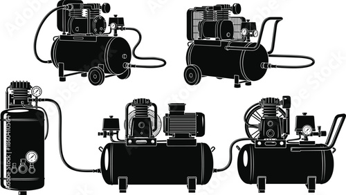 Air compressor machine silhouette collection vector illustration featuring industrial equipment designs isolated on white background for mechanical engineering and workshop projects