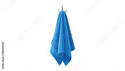 A folded blue bath or hand towel hanging on a simple silver wall hook, illustrated in a clean and realistic style, isolated on a white background.