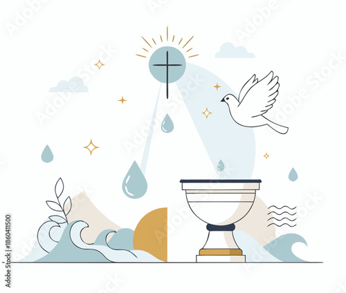 Symbolic Christian baptism ceremony, peaceful mood with cross, font and dove, modern flat vector style on white background
