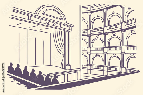 Elegant theatre interior with audience in attendance at a performance, featuring ornate balconies and stage