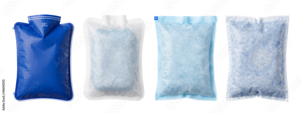 Naklejka premium Four plastic bags, from left to right: blue, translucent white, light blue, and white, all with textured, crumpled surfaces.