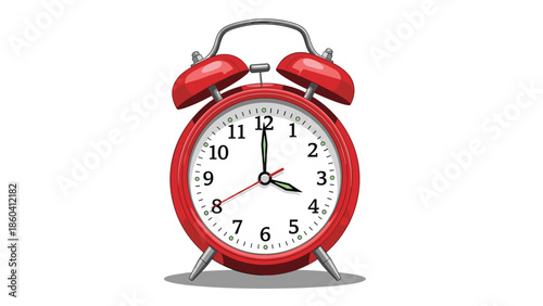 A classic red twin-bell alarm clock with a white face and black numbers, showing the time as four o'clock, with a subtle shadow underneath.