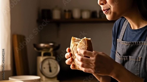 A woman is taking a bite out of a delicious sandwich. The scene evokes a feeling of satisfaction and enjoyment