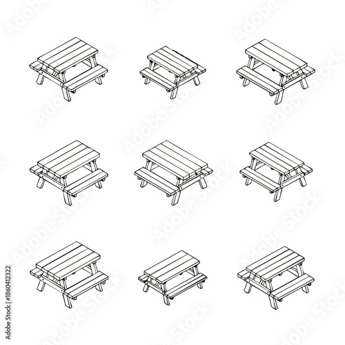 Nine isometric picnic table illustrations arranged in a grid pattern
