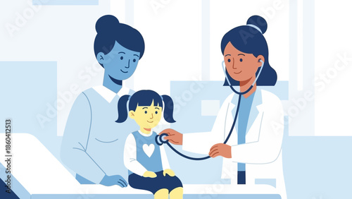 A doctor in a white coat examines a child using a stethoscope with a mother present in a health clinic