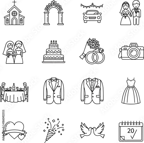 Set of wedding icons including church, rings, cake, bride and groom, car, and romantic elements for celebrations