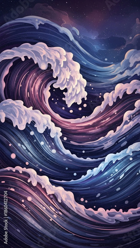 Vibrant cosmic wave crashing under starry night sky with swirling purple hues