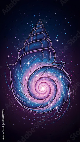 Vibrant cosmic seashell swirling with purple and blue galaxy light