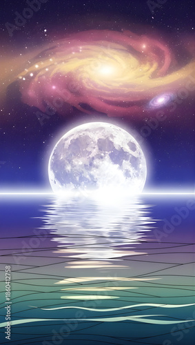 Stunning moonlit galaxy over calm ocean waters at night