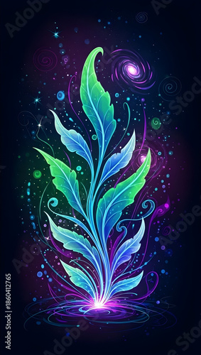Vibrant glowing plant with swirling cosmic elements in space