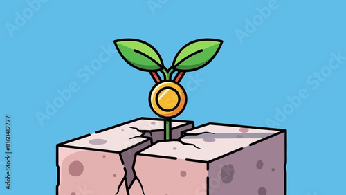 A small plant growing out of a cracked concrete block with green leaves and a yellow center, viewed from the side