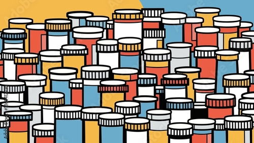 An illustrative depiction of numerous film canisters arranged closely together against a colorful background