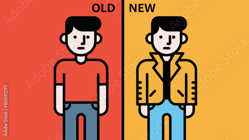 Illustration of a person transforming from an old to a new version against a contrasting background