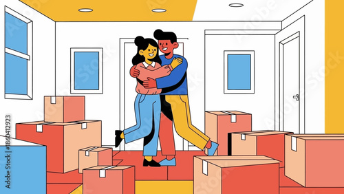 Couple embracing amidst moving boxes in a bright new home