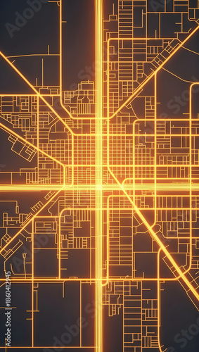 Glowing city map with vibrant yellow streets on dark background