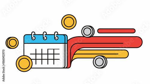 Delivery truck with calendar and currency icons representing logistics and financial transactions