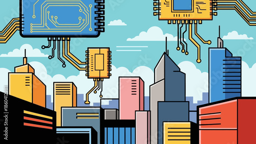 Cityscape with Circuit Boards and Buildings in a Futuristic Illustration