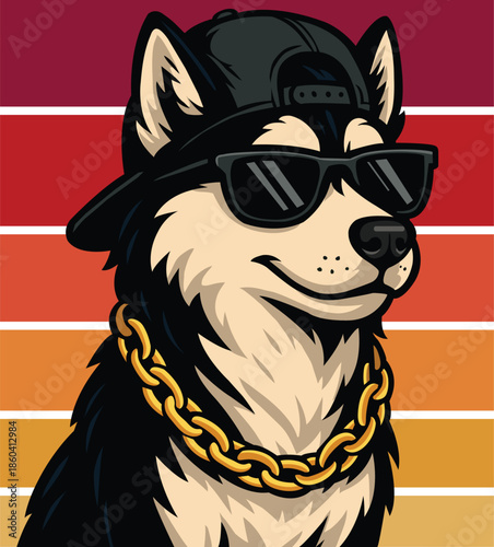 Cool Siberian Husky Dog Vector Mascot in Sunglasses and Gold Chain character with attitude