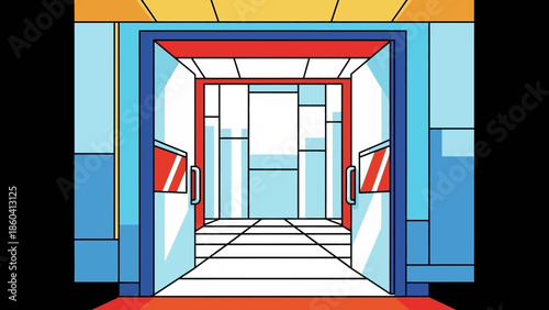 A futuristic elevator entrance with stairway leading to a bright interior, viewed from outside in a modern architectural setting
