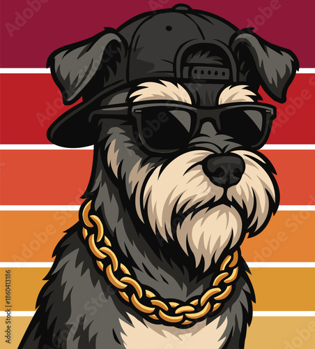 Cool Schnauzer Dog Vector in Sunglasses and Gold Chain character with attitude