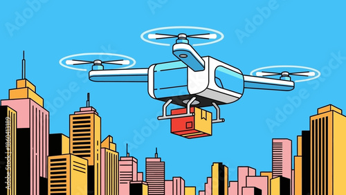 Drone delivering packages in a bustling cityscape with modern skyscrapers and urban landscape