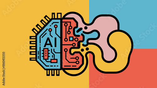 Illustration of a brain merging with a microchip showcasing artificial intelligence technology in a vibrant abstract background