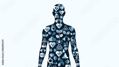 A person covered in various icons and symbols against a plain white background