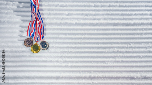 Photography golden medal on the textured ski slopes in the snow - winter sport successful concept